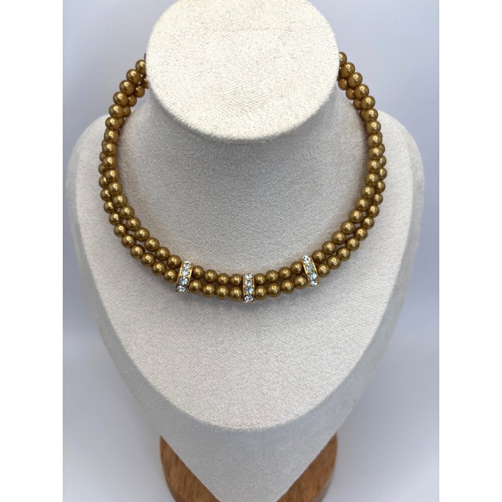 Vintage Gold Tone Beaded Choker Necklace with Rhinestone Accents